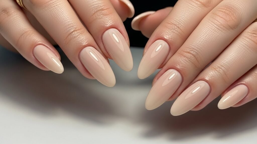 7. Nude Almond Gel X Extension with Subtle Curve