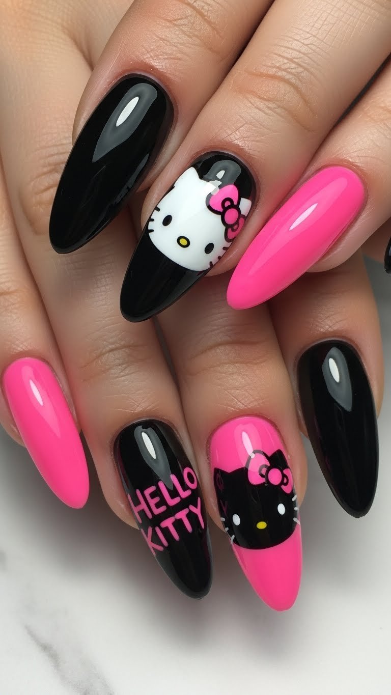 9. Black & Pink Hello Kitty Nails