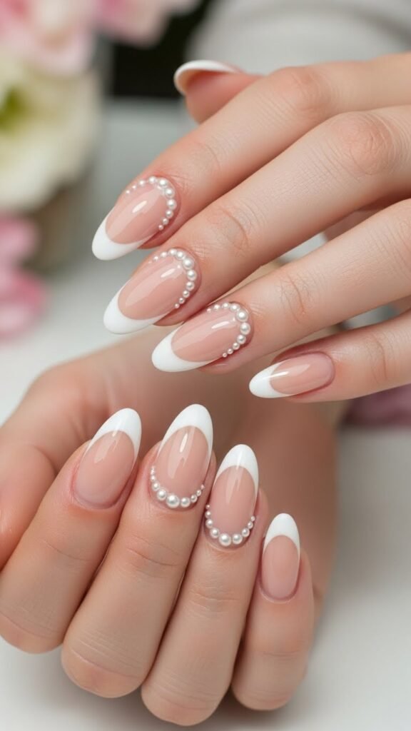 24. Pearl French Tip Bridal Shower Nails