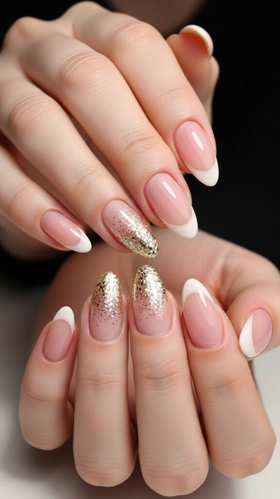 25. French Nude with Glitter Accent New Year Nails