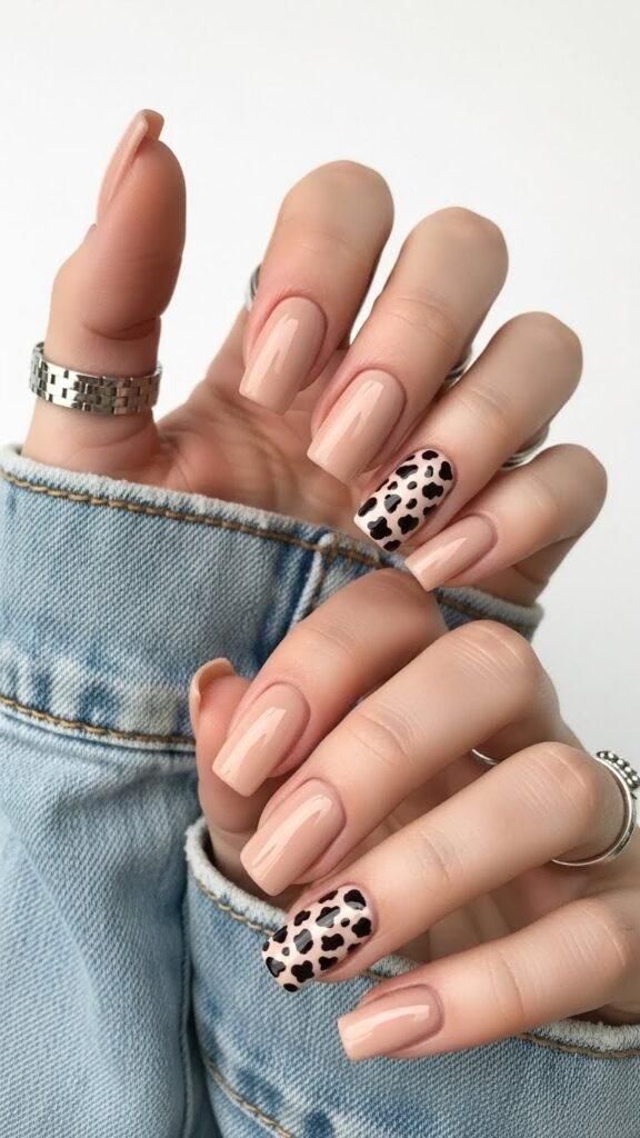 19. Beige With Cow Print Accent Nail