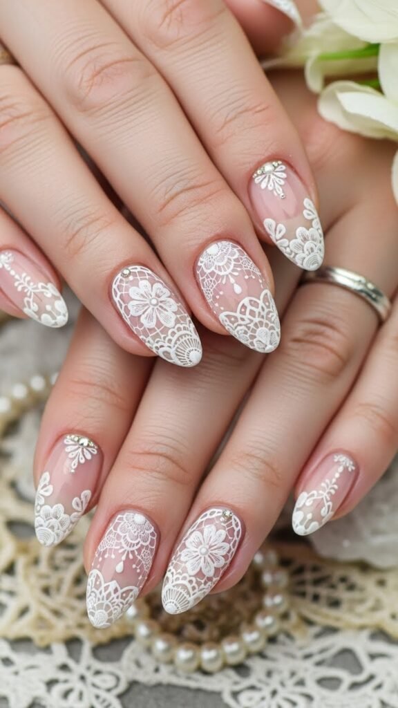 13. Lace-Inspired Bridal Shower Nails
