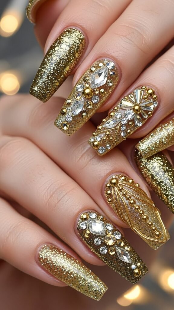 22. Long Coffin Glam New Year Nails