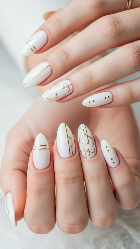 11. White Bridal Shower Nails with Gold Line Art