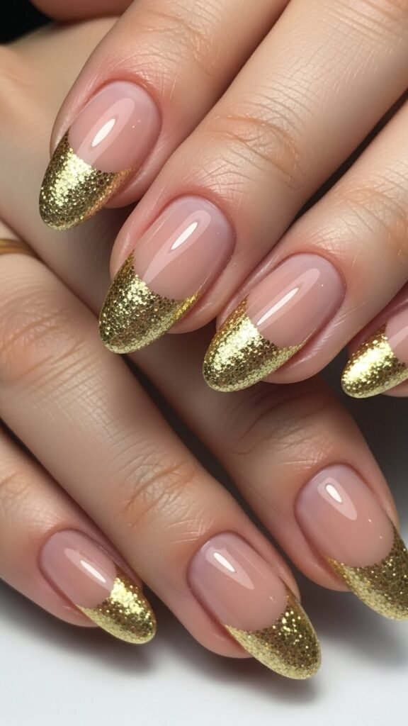 20. Gold Glitter French Tip Bridal Shower Nails