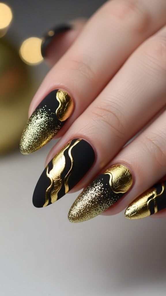 3. Black and Gold New Year Nails