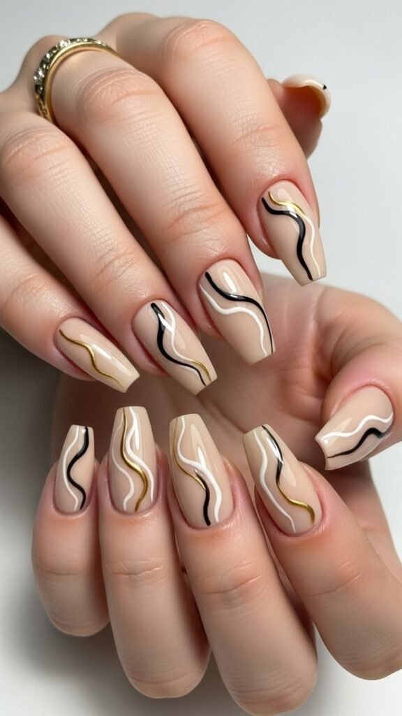 17. Beige Abstract Line Art Nail