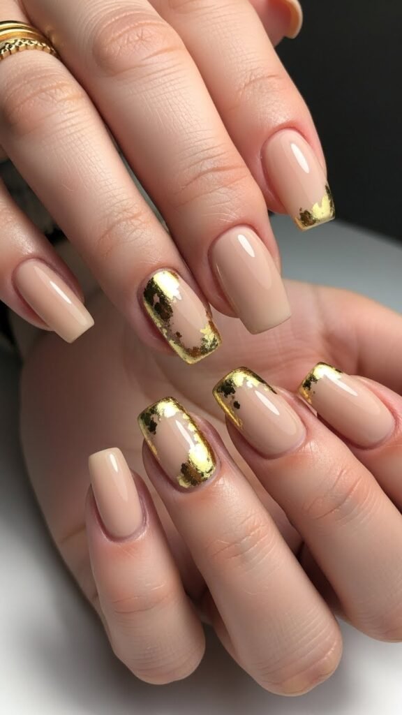 13. Beige With Gold Foil Accents Nail
