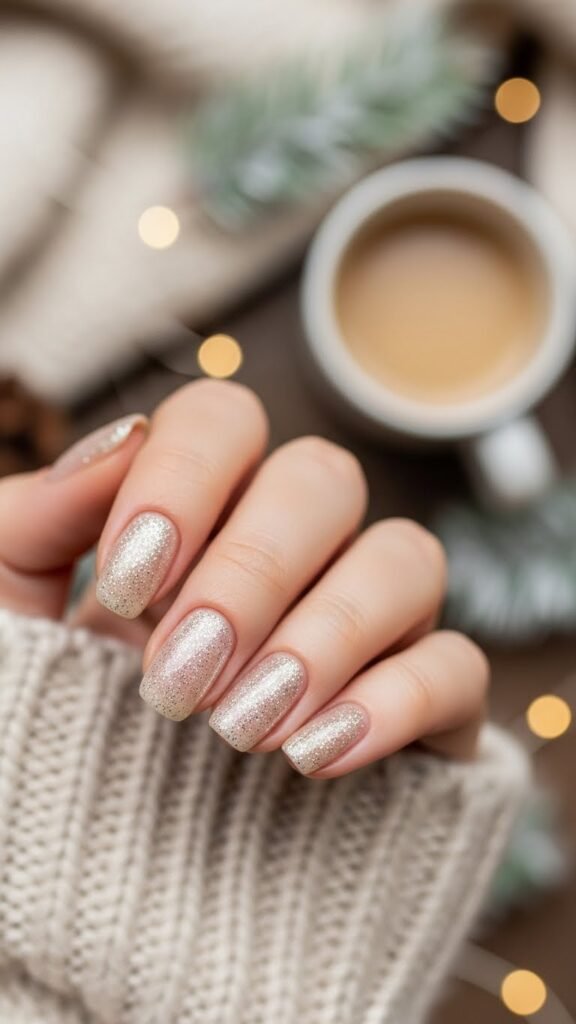 17. Neutral Beige Nails with Winter Sparkle