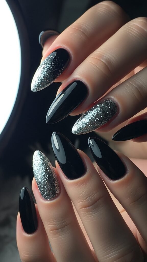 24. Black Winter Nails with Silver Sparkle