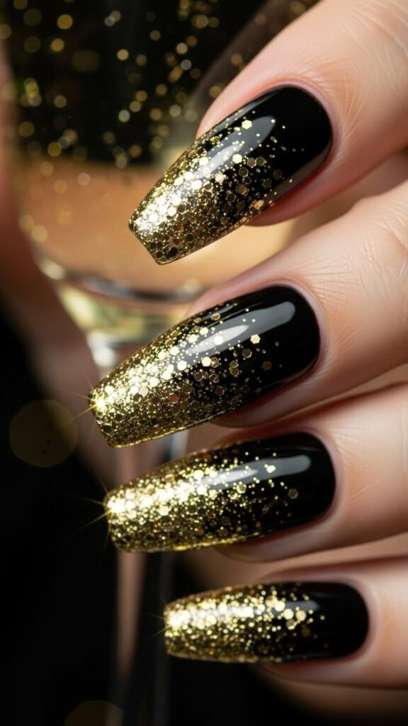 8. Black Glitter New Year Nails