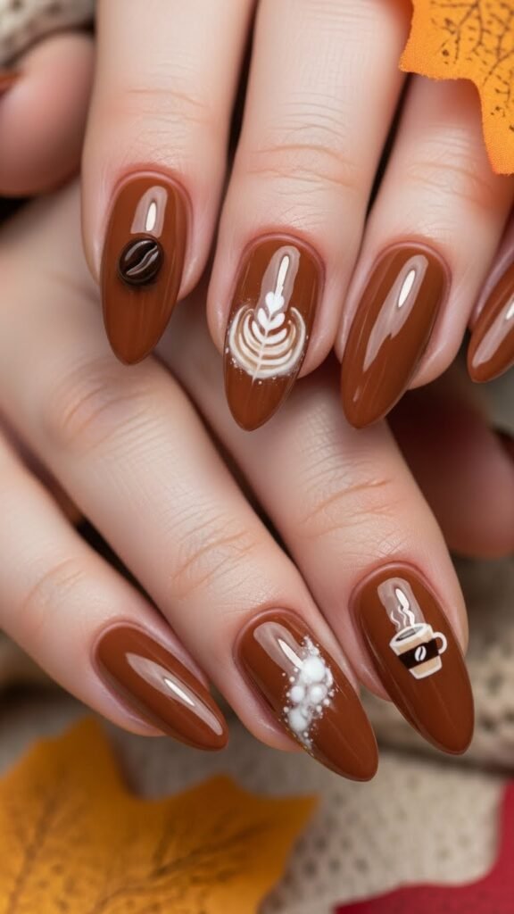Latte Brown Glossy Neutral Fall Nails