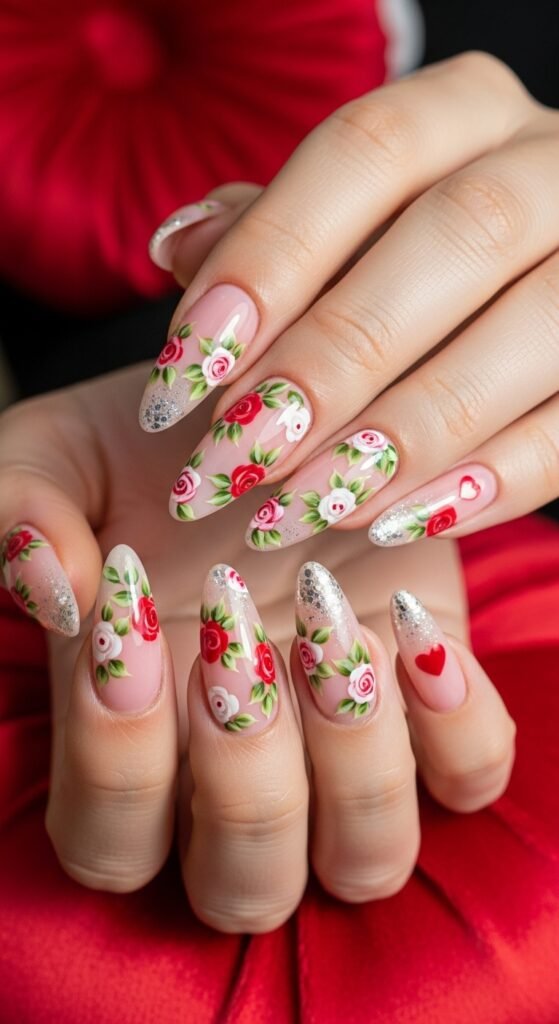 12. Floral Valentine’s Nails