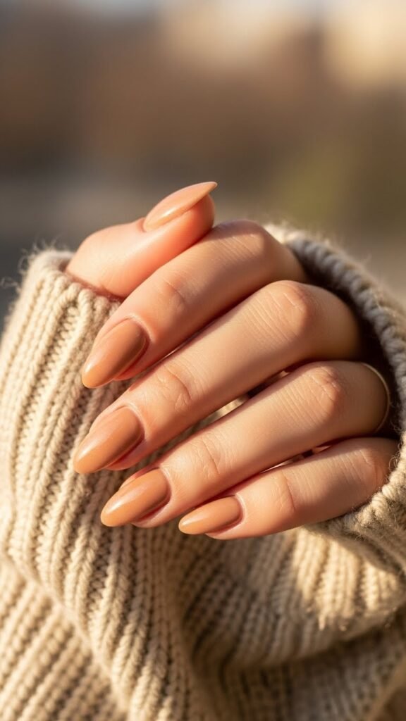 Idea 1: Warm Beige Glossy Neutral Fall Nails