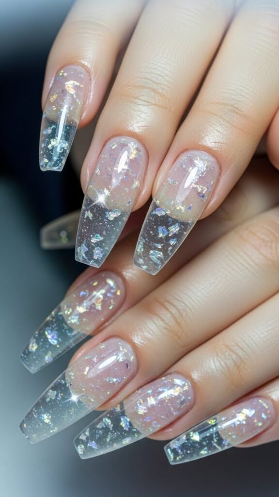 Glass icy nails, transparent jelly base with shimmer flakes, modern winter look, soft reflections