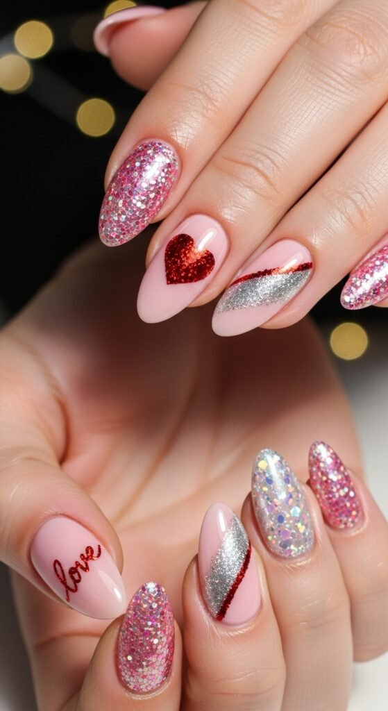 7. Glitter Valentine’s Nails