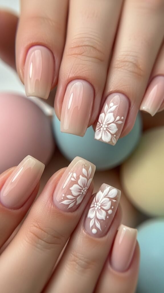 Neutral Nails with Micro Floral Designs