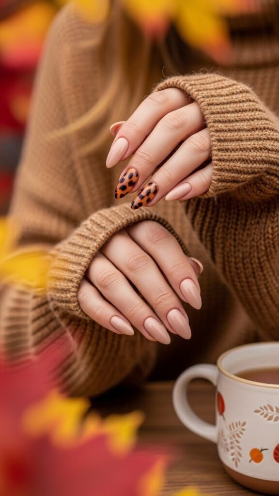Beige Neutral Nails with Tortoiseshell Accent