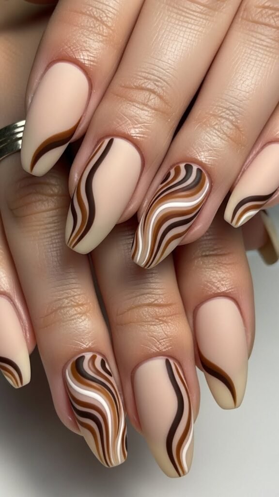 Neutral Fall Nails with Brown Swirl Art