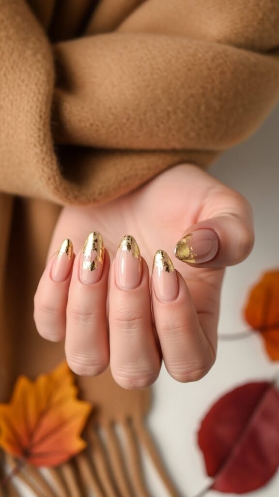 Neutral Fall Nails with Gold Foil Accents