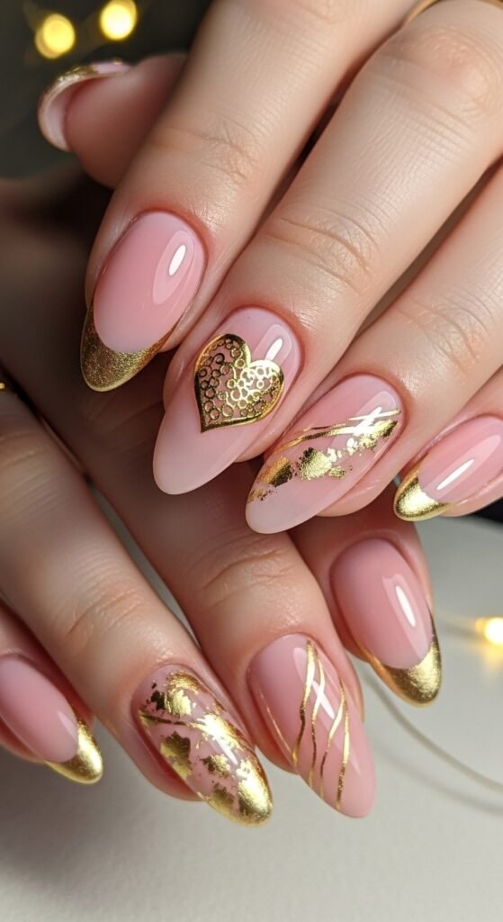 16. Gold Accent Valentine’s Nails