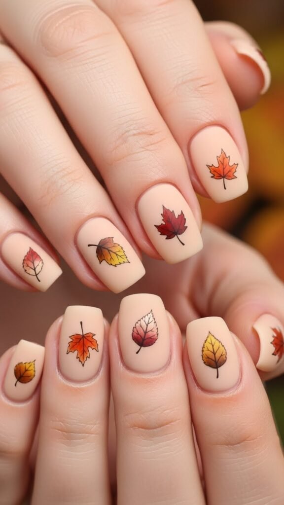 Neutral Fall Nails with Leaf Accent
