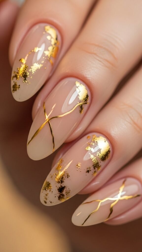 Neutral Nails with Gold Accents
