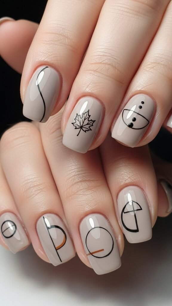Neutral Fall Nails with Minimal Line Art