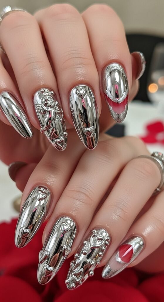 5. Chrome Valentine’s Nails
