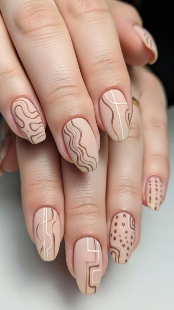 Neutral Nails with Abstract Art