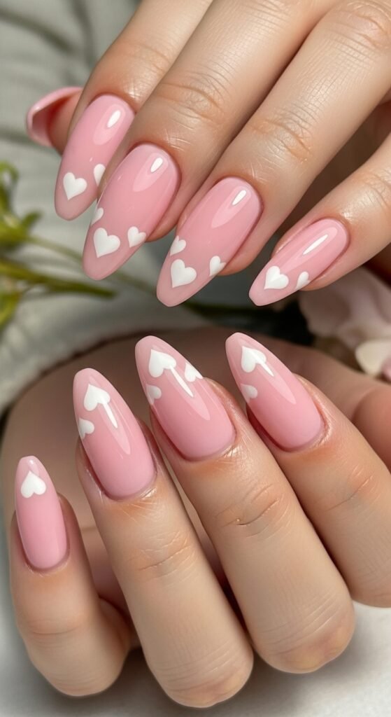 2. Soft Pink Heart Valentine’s Nails
