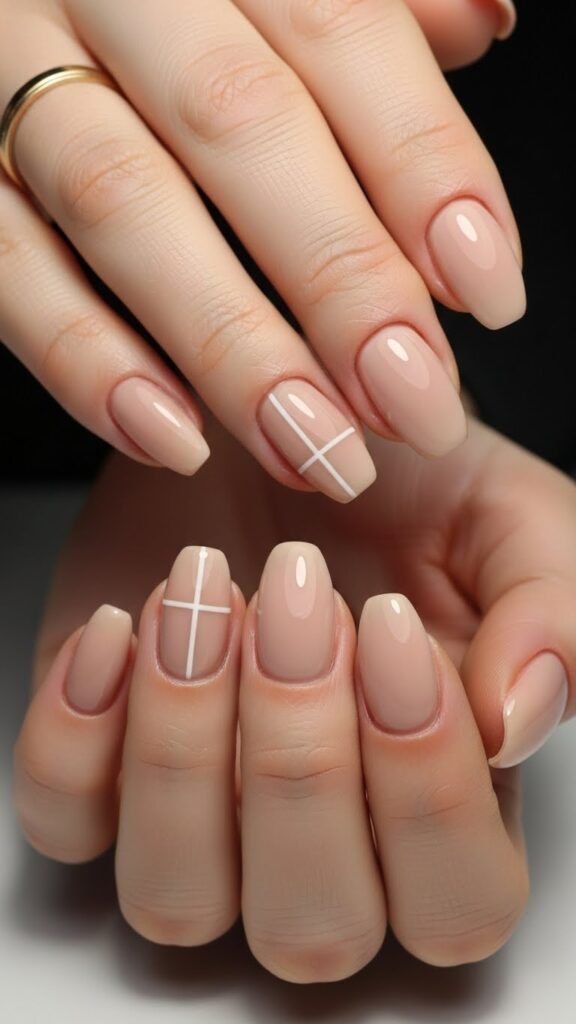 : Neutral Nails with White Accents