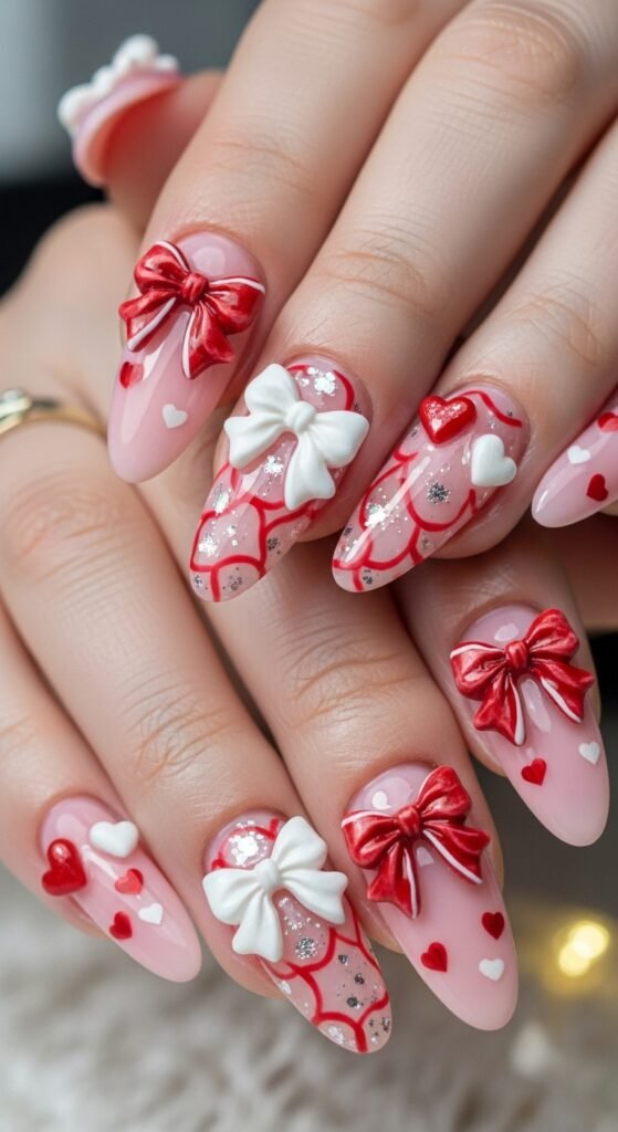 13. Bow Valentine’s Nails