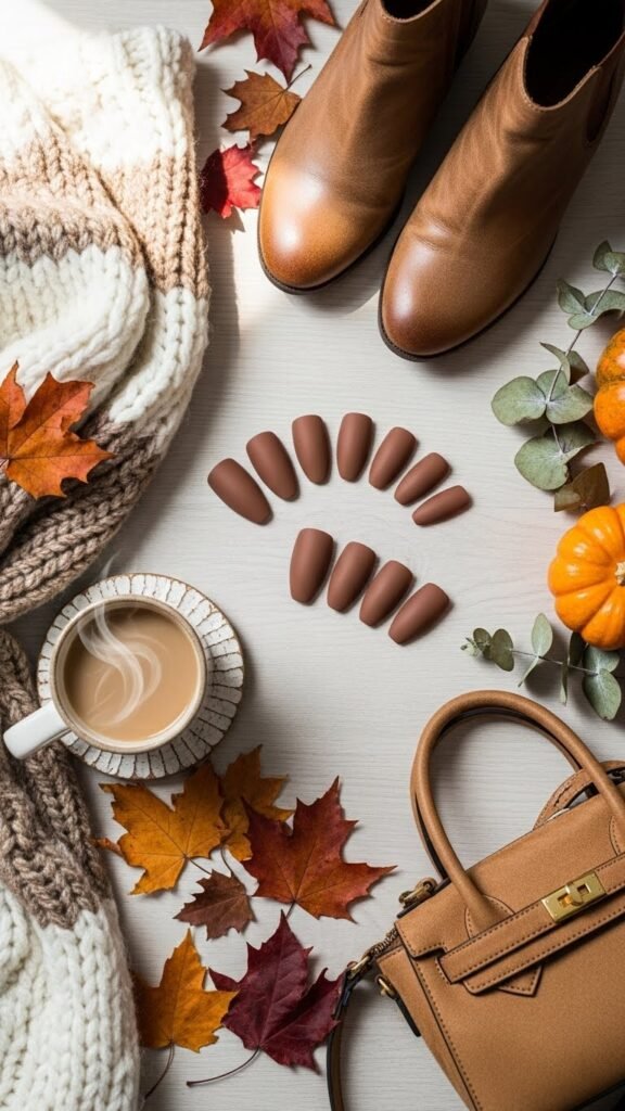 Idea 3: Mocha Brown Matte Neutral Fall Nails