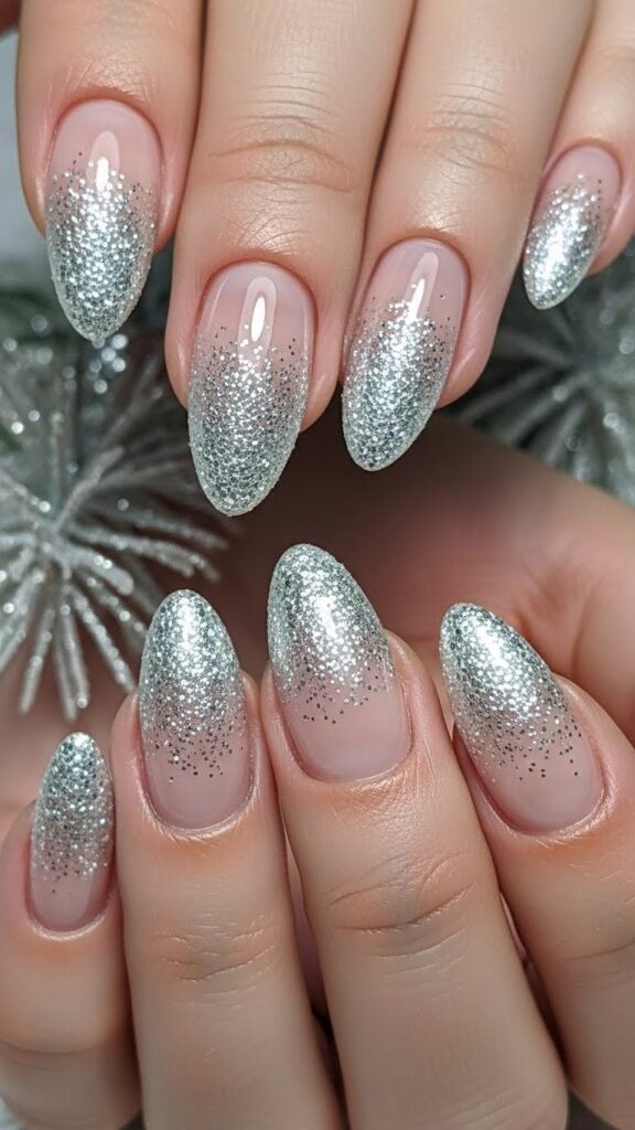 22. Snowy Glitter Tips