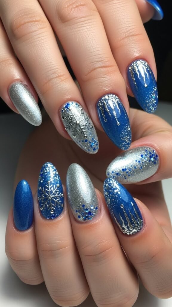 16. Blue & Silver Mix Nails