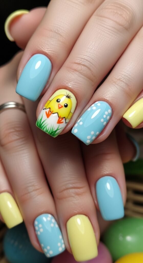7. Yellow Chick Accent Nail
