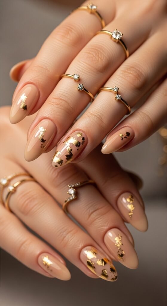 10. Beige and Gold Foil Nails