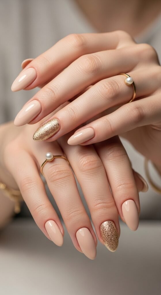 17. Beige Glitter Accent Nails