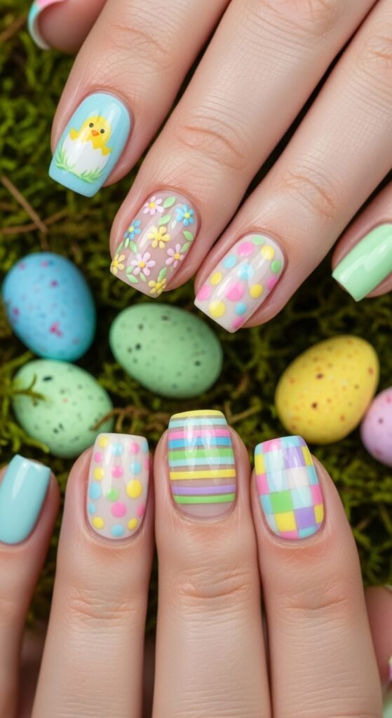 35. Mixed Pastel Accent Nails