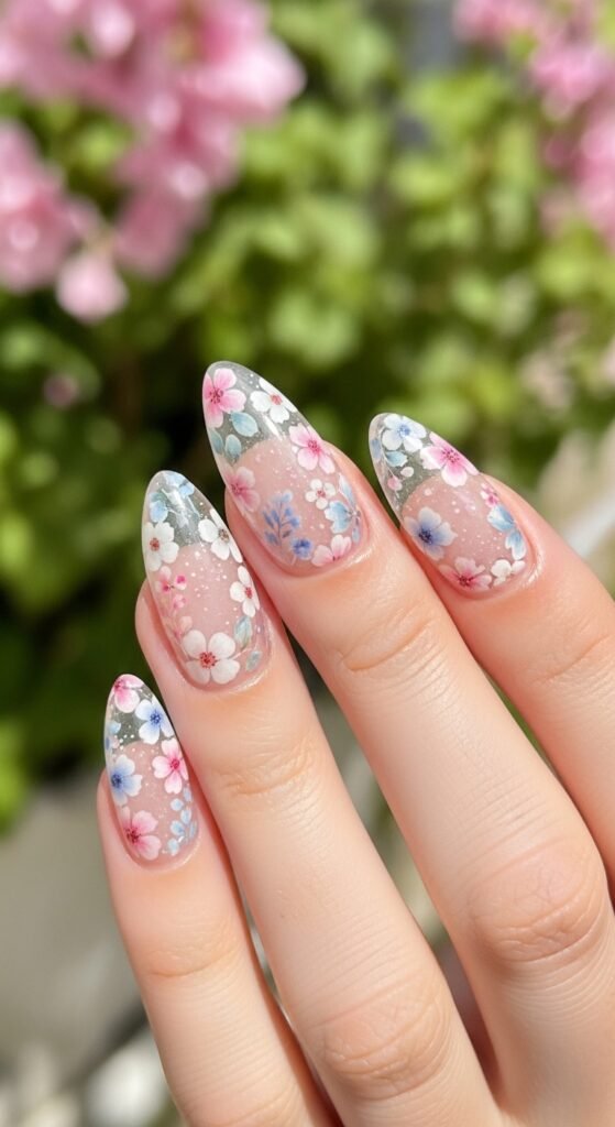 15. Clear Nails with Floral Decals