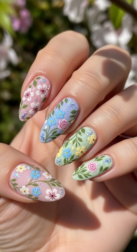 4. Floral Pastel Garden Nails