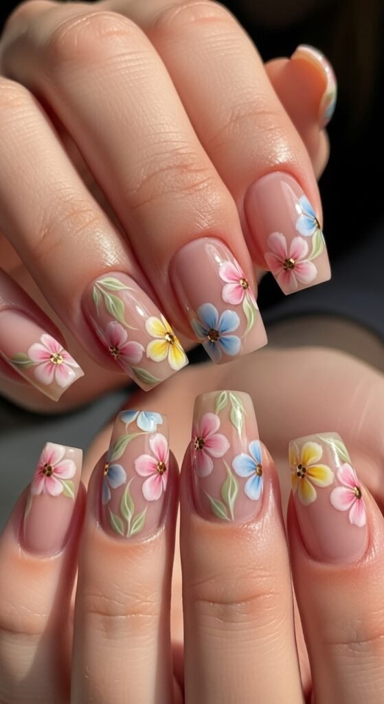 13. Floral Square Nails