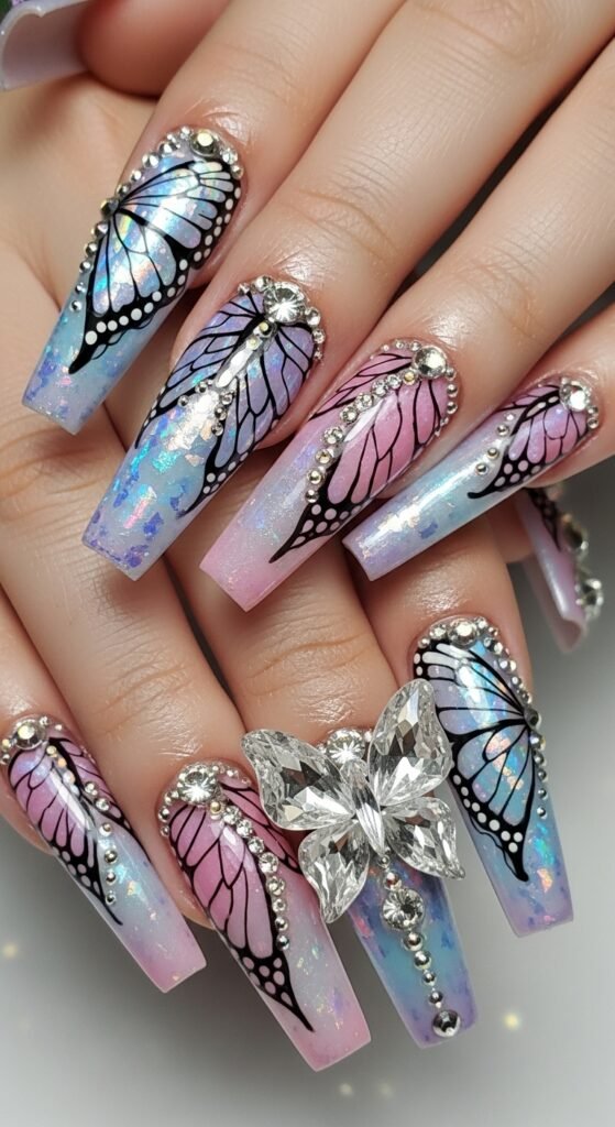 19. Butterfly Crystal Nails