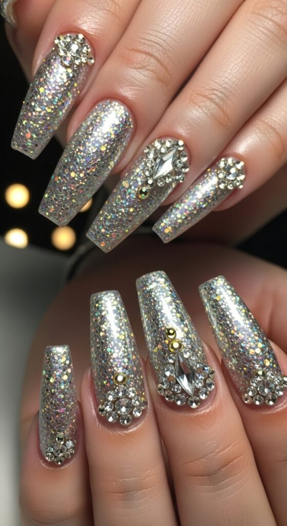 15. Glitter Crystal Nails