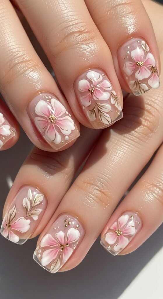 28. Transparent Floral Gel Nails