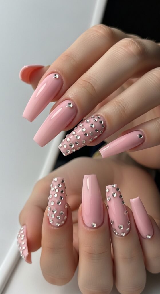 4. Pink Crystal Nails