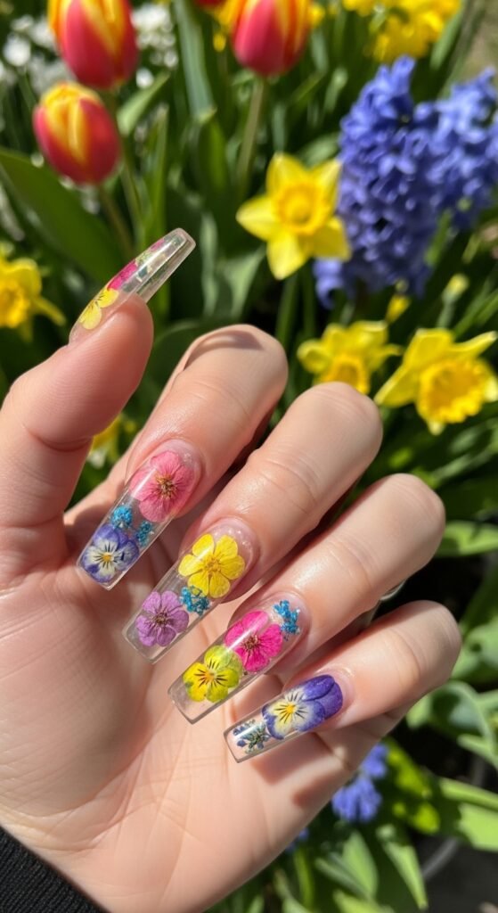19. Clear Nails with Pressed Flowers