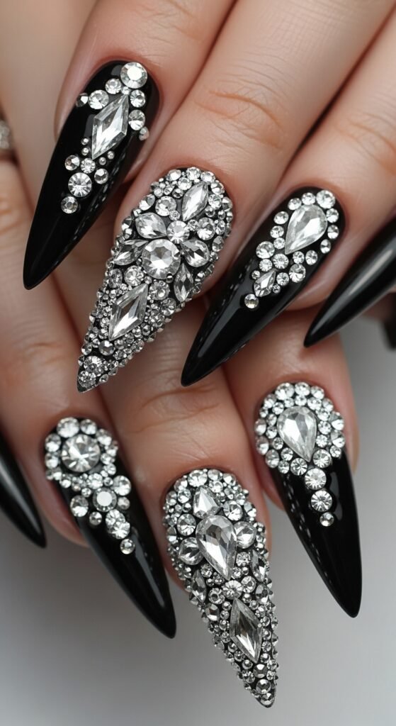 8. Black Crystal Nails