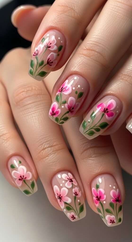 12. Pink Floral Short Nails